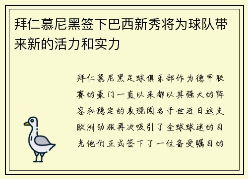拜仁慕尼黑签下巴西新秀将为球队带来新的活力和实力