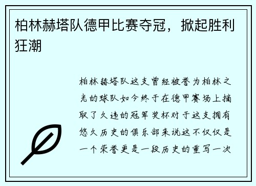柏林赫塔队德甲比赛夺冠，掀起胜利狂潮